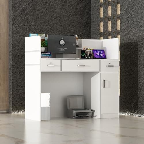 Image of PREMTURE Reception Desk with Lockable Drawers, Reception Counter, Shop Counter Sales Desk, Office Furniture Reception Furniture with 3-Drawers and 1-Cupboard, 120W x 48D x 110H cm (White)