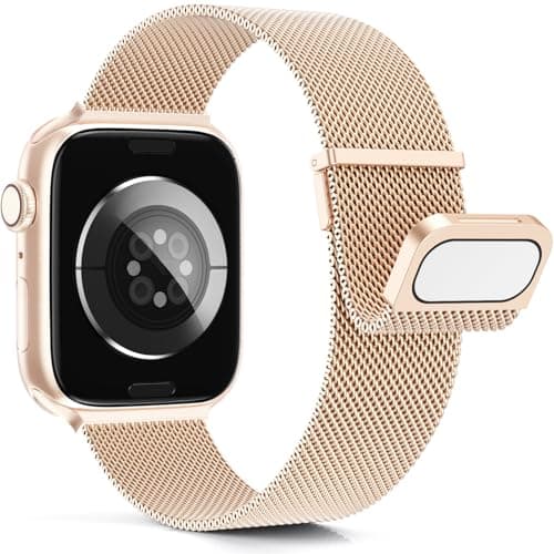 Image of Higgs Metal Strap Compatible with Apple Watch Straps 42mm 40mm 38mm 41mm Women Men, Dual Magnetic Adjustable Replacement Band for iWatch Series 11 10 9 8 7 6 5 4 SE Ultra 3/2/1, Fashion Strap Rosegold