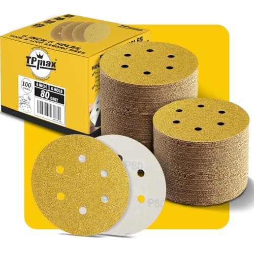 Image of 100PCS 150mm 80 Grit 6 inch 6 Hole Sanding Discs Sandpaper - Premium Gold Round Hook and Loop for Random Orbital Sander - Ideal for Wood, Metal, Automotive