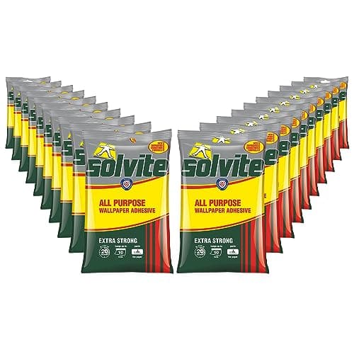 Image of Solvite All-Purpose Wallpaper Adhesive with Long-Lasting Results, Wallpaper Paste hangs up to 10 Rolls,Grey Yellow Red 185 g Sachet, Bulk Buy 20 Pack