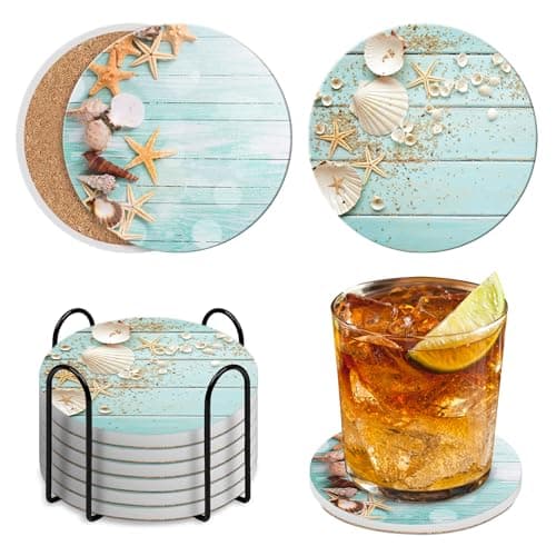 Image of LVYUNF Coasters Set of 6 with Holder,Coastal Themed Beach Lover Gifts for Her.Absorbent Ceramic Drink Coasters with Cork Base for Tabletop Protection Home Decor & Housewarming Gifts for New Home