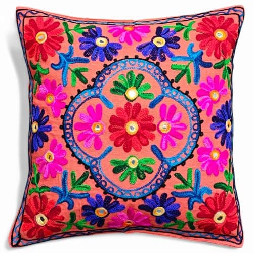 Image of Original Kikan Suzani Multi Colour Floral Embroidery 16"x16" 40 x 40 cm Indian Ethnic Cushion Cover Takiya Sofa pillow Zipper Back