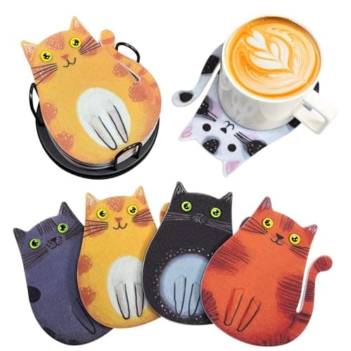 Image of 6 Pack Cat Coasters with Holder | Absorbent Felt Coaster Set for Mugs, Non-Slip Table Protectors, Unique Cartoon Kitten Designs, Washable & Scratch Protection Housewarming Gift