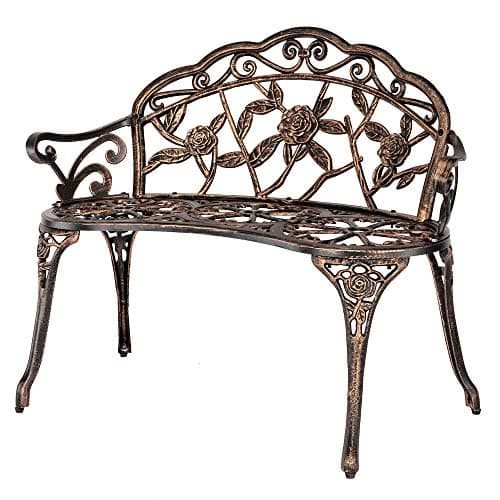 Image of Outopee Metal Garden Bench, Antique Rose Style Outdoor Lounge Bench, Cast Iron Aluminum Outdoor Porch Park Seat for Lawn, Front Porch, Path, Antique Bronze
