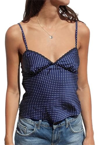 Image of Yoisdtxc Women's Summer Camisoles Spaghetti Straps Polka Dot Lace Trim Stylish Slim Fit Crop Tank Tops Cute Going Out Lingerie Tops (A-Blue, L)