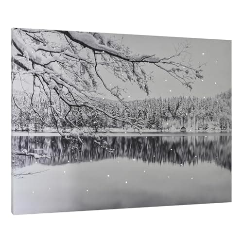 Image of Large LED Lighted Canvas Picture Wall Paintings, Wintery Revier View Print, Fiber Optic Lights Run by Batteries, Ready to Hang Design, for Living Room Bedroom Kitchen Hallway Decor