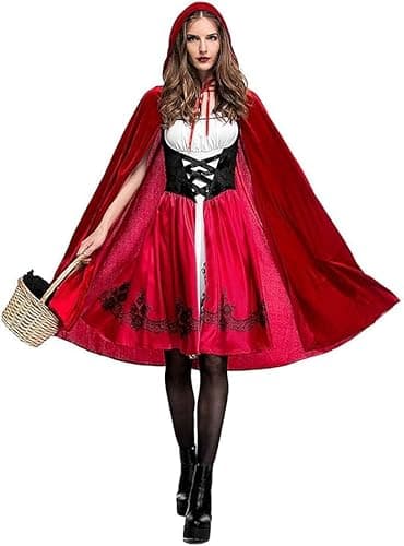 Image of Women Little Red Riding Hood Costume Adult Halloween Carnival Cosplay Party Dress Ladies Princess Fancy Dress with Hooded Cape Cloak Christmas Role Play Performance Outfit (XL)