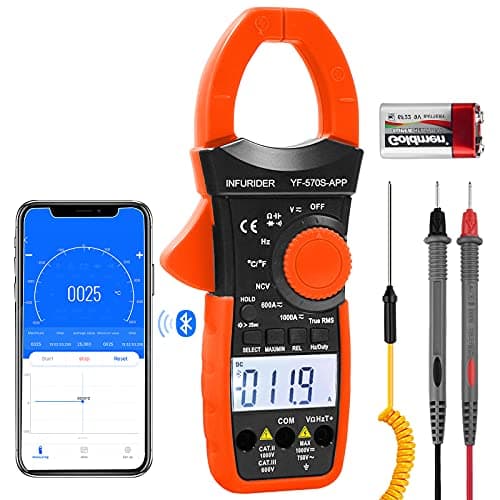 Image of INFURIDER Digital AC/DC Volt Amp Clamp Meter,Wireless Bluetooth Auto Ranging 1000A Ammeter Clamp Multimeter for Voltage,Current,Ohm,Cap,Temperature Tester