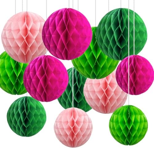 Image of CC wonderland zone 12pcs Hot Pink and Green Paper Honeycomb Balls,6" & 10" Hanging Tissue Pom poms for Birthday Party Decoration