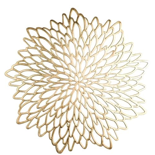 Image of Snowkingdom 4 Pack Gold Placemats Metallic Pressed Vinyl Golden for Dinning Table Place Mats Round Floral Charger Decoration for Christmas Thanksgiving Holiday Wedding