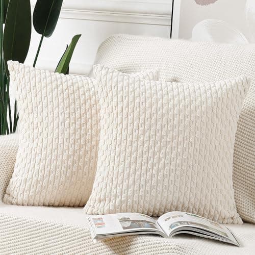 Image of Madizz Pack of 2 Boho Corduroy Cushion Covers 22x22 inch, 55x55 cm, Cream White Soft Decorative Throw Pillow Covers for Bedroom Sofa Pillow Shell