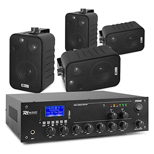 Image of Power Dynamics BV40V 4" Black Wall Speaker System & PPA502 Mixer-Amplifier, 4 Speaker PA Kit for Background Music in Restaurants, Shops & Cafés, 2-Zone 100V Mixer, Bluetooth, USB Playback