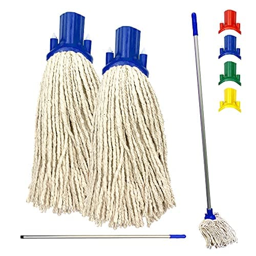 Image of Colour Coded Floor Mop Set - 120cm Long Aluminium Handle with 2 String Replacement Heads for Domestic and Commercial Cleaning (Blue)