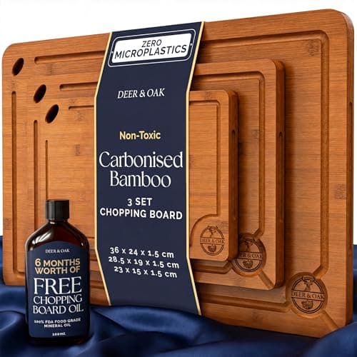 Image of Deer & Oak 3-Piece Bamboo Cutting Board Set & Food Safe Mineral Oil Bundle, Carbonised Bamboo Chopping Boards with Hanging Hole + 100ml Food Grade Wood Oil, Pre-Oiled Kitchen Set