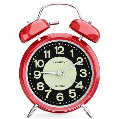 Image of CHEREEKI Twin Bell Alarm Clock for Heavy Sleepers With Large Digits, Retro Battery Operated Night Light for Bedside, Bedroom (Battery Included) (Red)