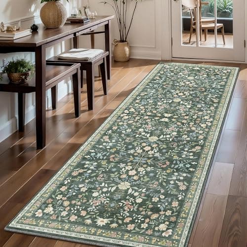 Image of XSIVOD Floral Runner Rugs for Hallway, Washable Rugs for Entryway Kitchen Runner, Soft Vintage Area Rugs for Bedroom Living Room Rug, Non Slip Floor Carpet for Home Deocor, 60x180 cm, Green/Harmony