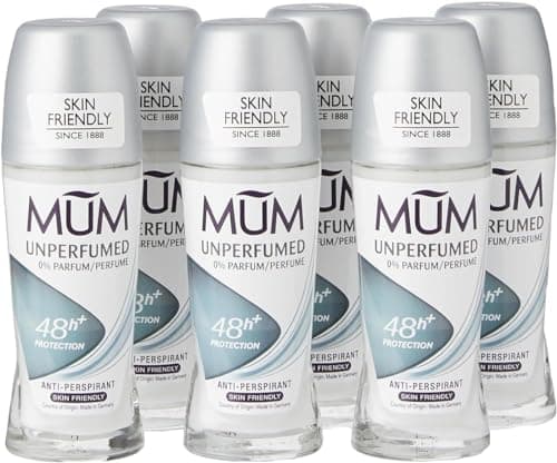 Image of Mum Unperfumed Roll On Deodorant, 48 Hours Plus Protection, Alcohol Free Womens Mens Deodorant, Anti-Perspirant, Vegan, Sustainable Glass Bottle, Fragrance Free, 50 ml, Pack of 6