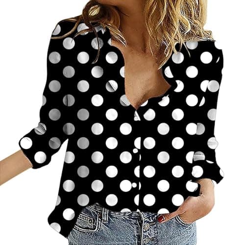 Image of Womens Blouses Button Down V Neck Collared Classic Polka Dot T Shirts Casual Long Sleeve Ladies Tops(Black, XXL)