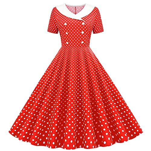 Image of AMhomely Polka Dot Dresses for Women UK Vintage Floral Swing Skater Party Evening Dress 1950s Audrey Hepburn Retro Dresses Rockabilly Floral Pattern Print Swing Cocktail Evening Gown, Red, S
