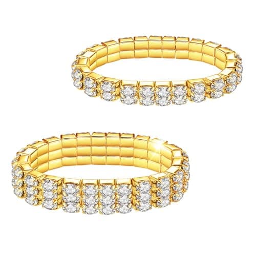 Image of Kucheed 2PCS Rhinestone Stretch Bracelets, Twinkle Diamond Tennis Bangle, Silver Bling Crystal Bridal Stackable Bracelet Jewelry, Shining Wedding Party Elastic Band Bracelet for Women (Gold)