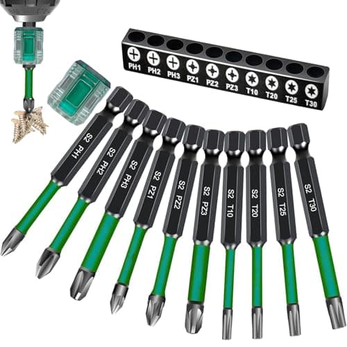 Image of BAKESHU 70mm Long Screwdriver bit Set,Ph1 Ph2 Ph3 Pz1 Pz2 Pz3 T10 T20 T25 T30 Magnetic Head bit Set with one magnetiser,1/4’ Hexagonal Shank