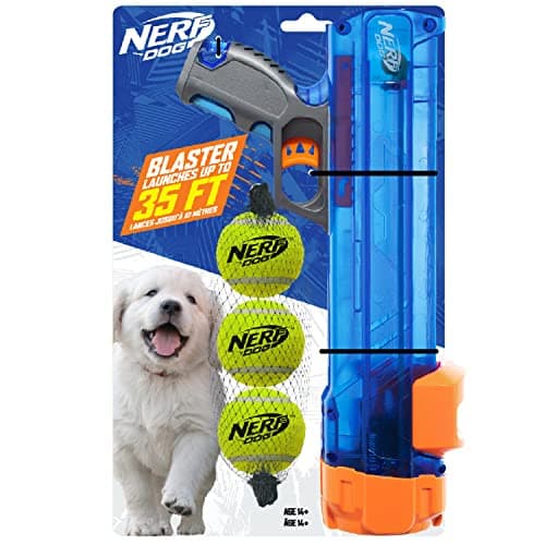 Image of Nerf Dog Small Size Tennis Ball Blaster Gift Set with 3 Balls, Great for Fetch, Hands-Free Reload, Launches up to 50 ft, Single Unit, Includes 3 Nerf Balls