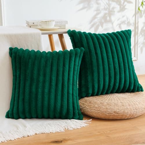 Image of Sungeek Set of 2 Dark Green Faux Rabbit Fur Cushion Covers 50x50 cm, Soft Cozy Plush Striped Decorative Throw Pillow Covers 20x20 inch Velvet Square Pillowcases for Sofa Bedroom