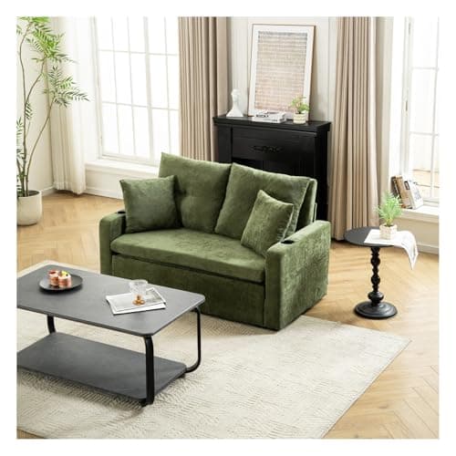 Image of INMOZATA Convertible Pull-Out Sofa Bed with Cup Holders & Storage Pockets, Chenille Loveseat Sleeper Sofa with 4 Pillows,Space-Saving Couch Bed for Apartments, Dorms & Compact Living Spaces (Green)