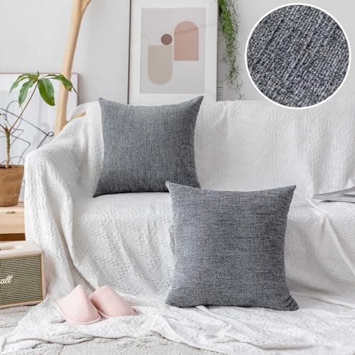 Image of Home Brilliant Grey Cushion Covers Soft Chenille Scatter Cushions for Sofa Bed, Luxury Cushions 45cm x 45cm for Living Room with Invisible Zipper, 18 inch, Set of 2, Grey