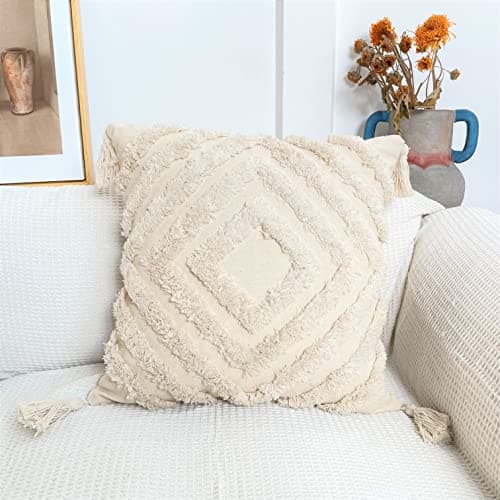 Image of RKAAS HOME Boho Tassel Style Tufted Decorative Square Cushion Covers for Living Room Sofa Couch Bed 45cm x 45cm 18x18 Inches (Pack of 1 - Design1)