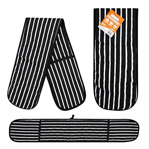 Image of RASH Accessories Double Oven Gloves Butcher Quilted Stripe Pot Holder Heat Resistant Mitt 100% Cotton (Black)