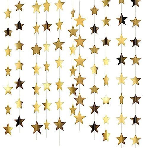 Image of 52 Feet Reflective Star Paper Garland, Sparkling Star Bunting Banner Hanging Decoration Twinkle Little Stars Party Garlands Glitter Stars Garland Streamer Kit For Birthday Wedding Banner Backdrop,Gold