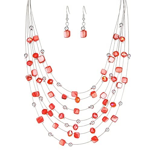 Image of FULU AUTUMN Boho Layered Beaded Necklaces for Women Statement Multi-Strand Bead Necklace Jewellery Gifts for Women(Red)