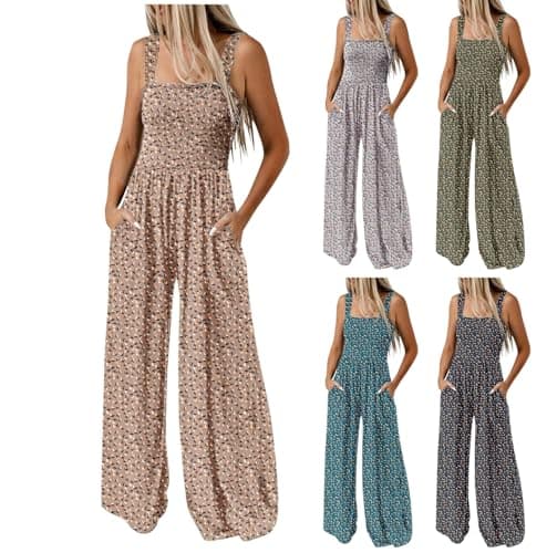 Image of VPQILH Floral Dungarees for Women, Wide Leg Jumpsuit Sleeveless Romper Elastic Waist Bib Overalls Wide Shoulder Straps Playsuit with Pockets Bodysuit Palazzo Pants Ladies Bohemian Jumpsuits Blue