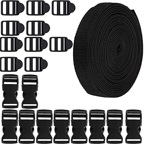 Image of RUNCCI-YUN 20mm Quick Release Buckles and Black Nylon Webbing Strap for Bags Making, with 5m Webbing Strap,10 Flat Shape Buckles and Tri-Glide Slides for Making Luggage Strap, Pet Collar, Backpack