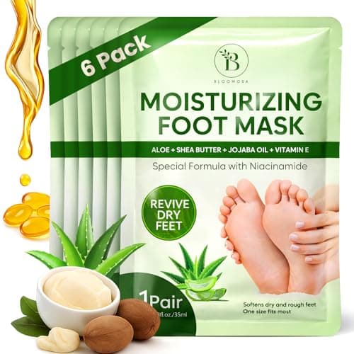 Image of 6 Pack Hydrating Foot Mask for Dry Cracked Feet, Restoring & Hydrating Socks with Aloe, Shea Butter, Jojoba Oil & Vitamin E, Feet Mask for Women & Men Foot Care