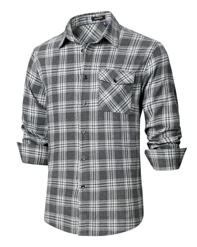 Image of HISDERN Mens Flannel Shirt Grey Checked Shirt Casual Plaid Long Sleeve Shirt Cotton Lumberjack Shirts for Men M