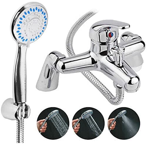 Image of Bath Tub Shower Mixer Taps for Bathroom Bath Filler Tap with Handheld Shower Mixer Taps Chrome Solid Brass Sink Bath with Shower Handset and Hose Attachment