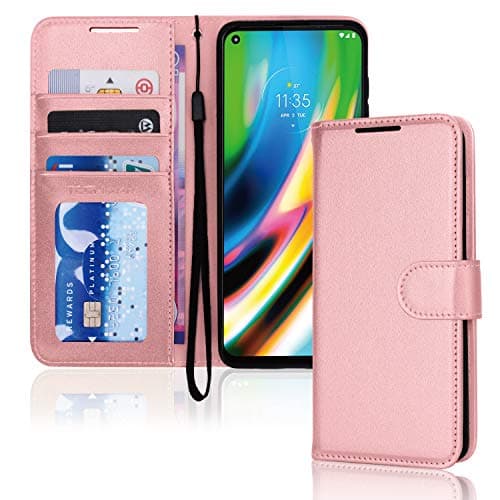 Image of TECHGEAR Moto G9 Plus Leather Wallet Case, Flip Protective Case Cover with Wallet Card Holder, Stand & Wrist Strap, Rose Gold PU Leather with Magnetic Clasp For Motorola Moto G9 Plus