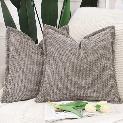 Image of Madizz Set of 2 Chenille Velvet Cushion Covers with Flange Soft Boho Textured Throw Pillow Covers Broadside Pillowcases Modern Farmhouse Home Decor for Sofa Bedroom Taupe 18x18 inch, 45x45 cm
