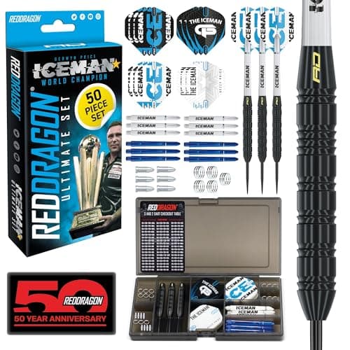 Image of RED DRAGON Ultimate 50 Piece Gerwyn Price 'Iceman' Darts Set | 22g Steel Tip Professional Brass Darts Set | Includes Dart Flights, Shafts, Case & More Accessories