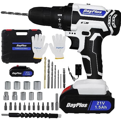 Image of Cordless Drill Driver 21V with 2 Batteries 1500mAh, 45Nm Electric Driver DIY Combi Screwdriver Tool Kit with 29 Accessories, 25+1 Torque Setting, 3/8" Chuck, 2 Speed, LED Light for Home Office DIY