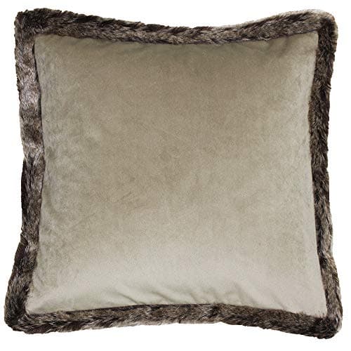 Image of Riva Paoletti Kiruna Square Filled Cushion - Taupe Beige Velvet Look and Feel - Faux Fur Edging - Reversible - Hidden Zip Closure - 100% Polyester Case - 45 x 45cm (18" x 18" inches)