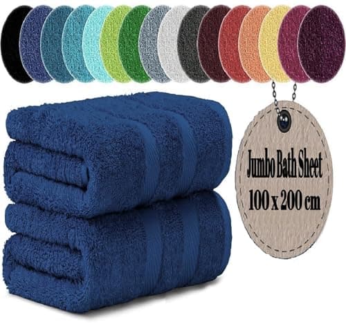 Image of LoomTrove Pack of 2 Extra Large Jumbo Bath Sheets 100 x 200 cm 100% Egyptian Combed Cotton XL Towels Quick Dry Big Bath Sheet Super Soft Hotel Quality Towels Set (Navy Blue)
