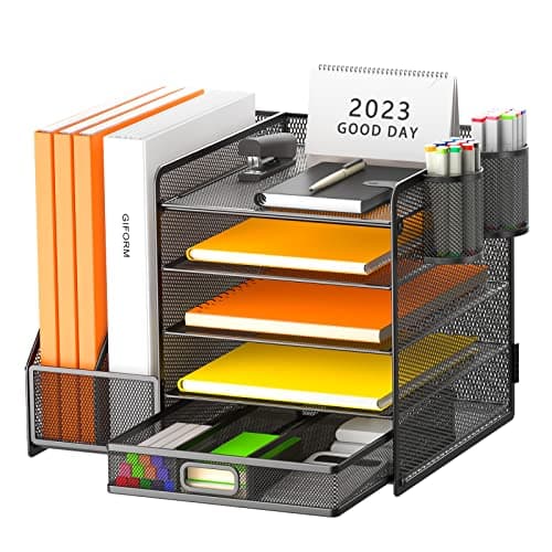 Image of Restorgan Desk Organiser with File Holder, 5-Tier Paper Tray Organiser with Drawer and 2 Pen Holder, Mesh Desk File Storage with Magazine Organizer for Home Office Supplies (Black)
