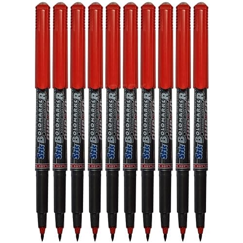 Image of STICFIN Permanent Marker Pens, RED, Pack of 10, Extra Fine Tip, Smooth Surface Markers, Write-4-All, Waterproof Ink, iVAIDEX Black Ball Pen
