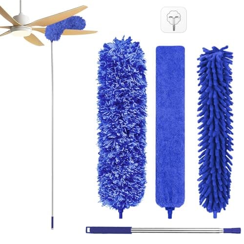 Image of Fogray Extendable Feather Duster, Bendable Microfiber Duster with Extra Long 100" Telescopic Extension Pole and Soft Silicone Cap, Washable Duster for Cleaning Roof, High Ceiling Fan, Blinds(Blue)