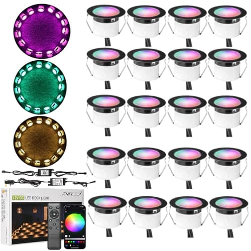 Image of GEYUEYA Home LED Decking Lights RGBW, Ø31MM 12V RGB+Warm White Change Colours Waterproof IP67 LED Deck Lights for Patio Path Steps Garden Decoration with Remote Controller-20 Packs
