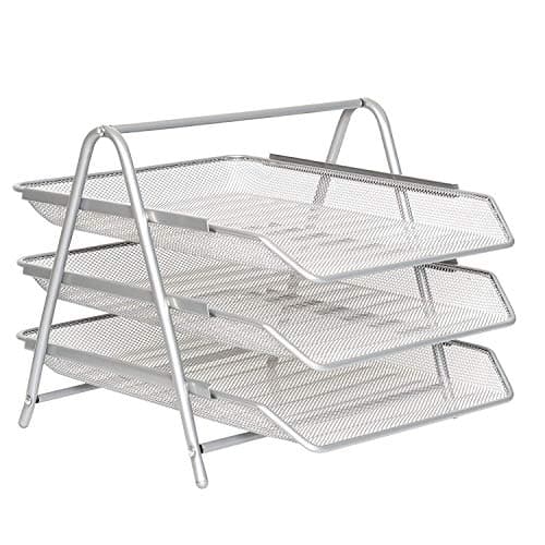 Image of Zuvo Mesh Desk Organiser 3 Tier Letter Tray Organizer Office Desktop Document Paper File Storage Mesh Filling Collection for Home & Office Use (Silver), Sliver