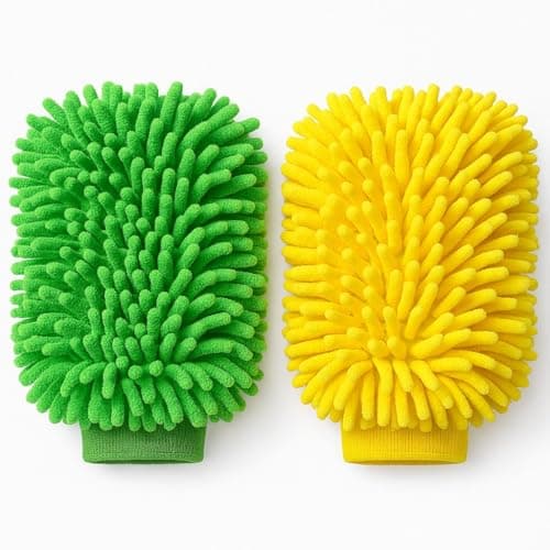Image of Microfibre Cloth Car Wash Mitt Glove, Double Sided Wash Mitt for Car Washing, 100% Lint-Free, Super Absorbent Cleaning,Scratch Free Wash, Noodle Glove for Lifting Dirt,2-Pack, Yellow & Green